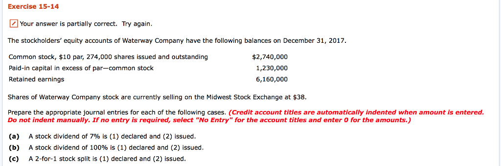  Exercise 15-14 Your answer is partially correct. Try again. The stockholders'