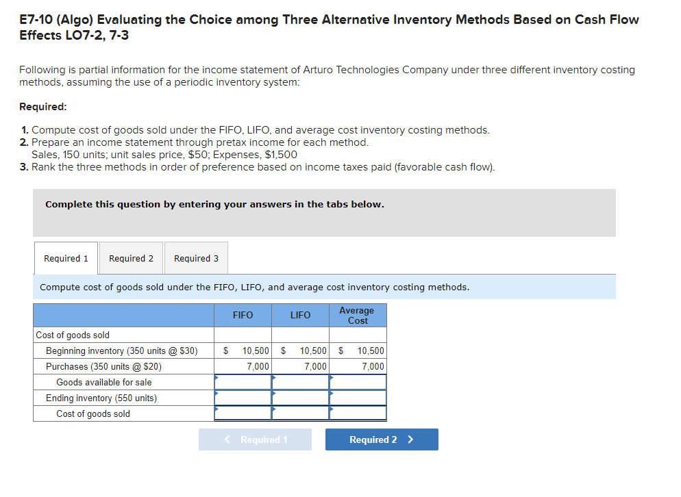  E7-10 (Algo) Evaluating the Choice among Three Alternative Inventory Methods Based