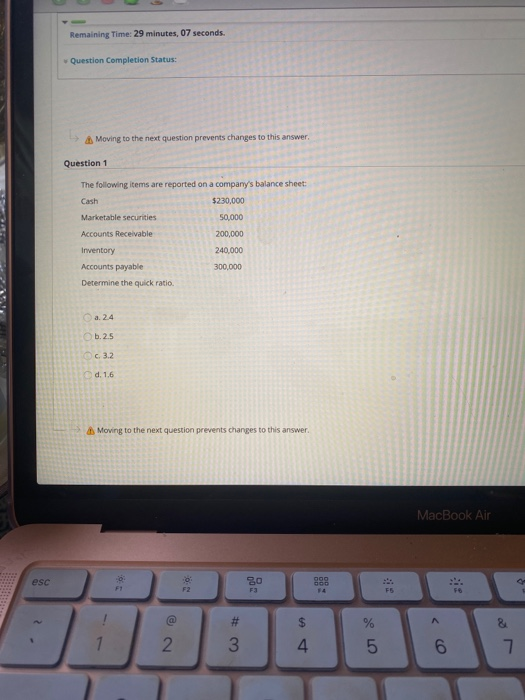  Remaining Time: 29 minutes, 07 seconds. Question Completion Status: Moving to