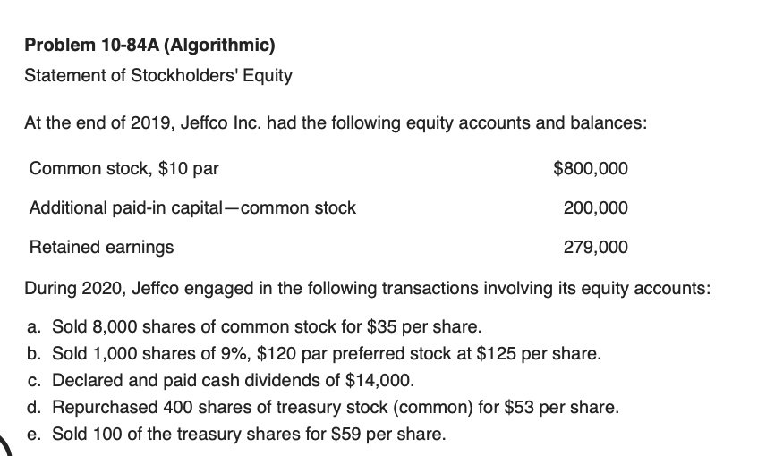 Problem 10-84A (Algorithmic) Statement of Stockholders' Equity At the end of