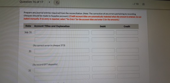 for Wildhorse Ltd. in July 1. Cash balance per bank, July 31,