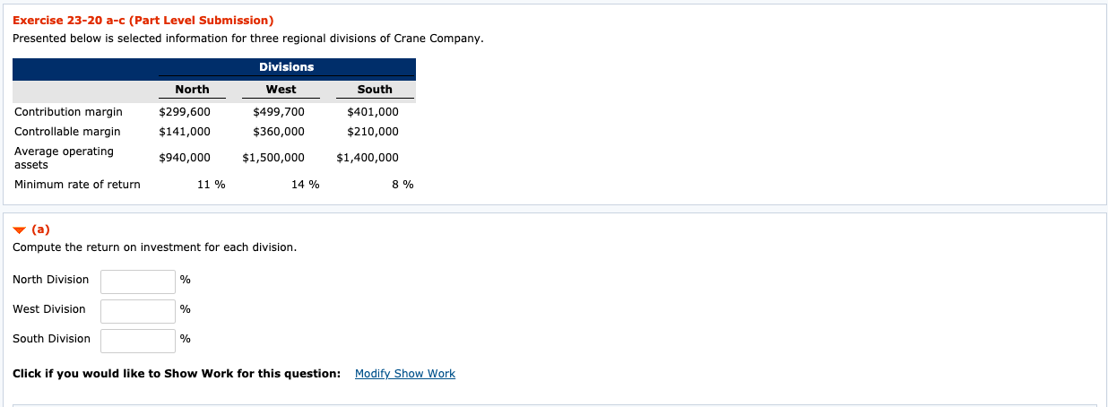 (PLEASE SEE ACCURATE NUMBER FOR THIS QUESTION) Exercise 23-20 a-c (Part Level