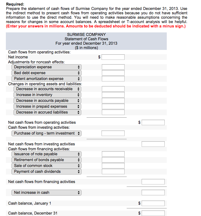 for Surmise Company. Net income for 2013 was $74 million. The comparative