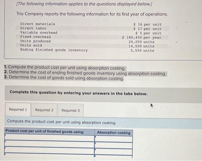  1. Compute the product cost per unit using absorption costing.2. Determine