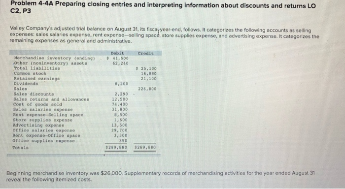  Problem 4-4A Preparing closing entries and interpreting information about discounts and