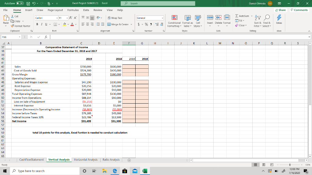  Work shown on excel AutoSave OH Excel Project SUM20 (1) Excel