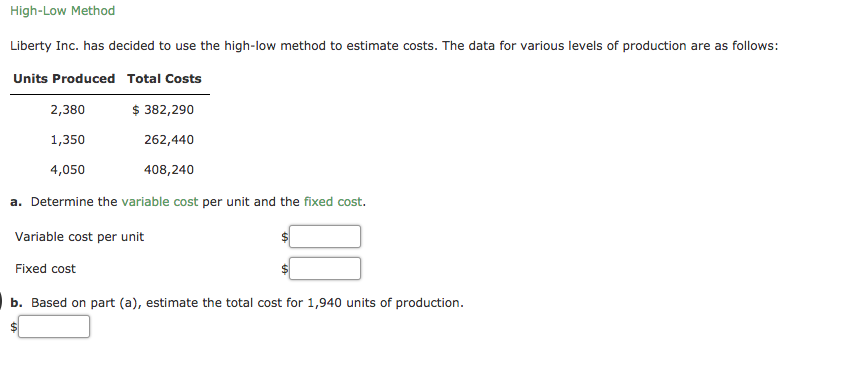  High-Low Method Liberty Inc. has decided to use the high-low method
