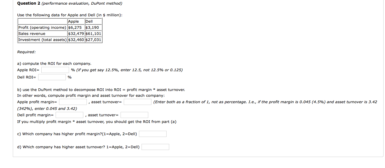 Question 2 (performance evaluation, DuPont method) Use the following data for