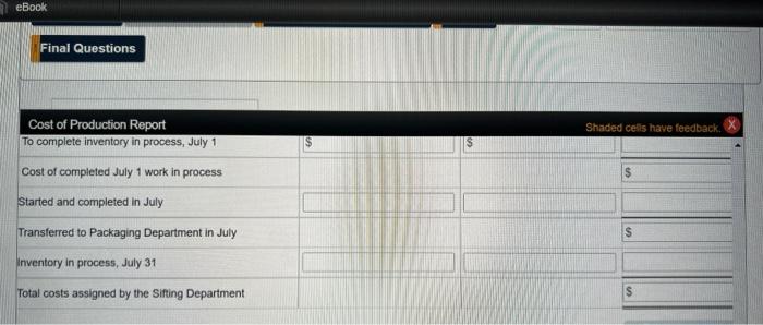 Process-Sifing Department on July 31 was 1,600 units, 4/5 completed. 1. Prepare