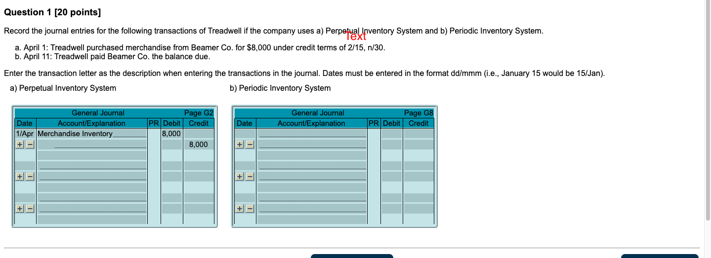 Question 1 [20 points] Record the journal entries for the following