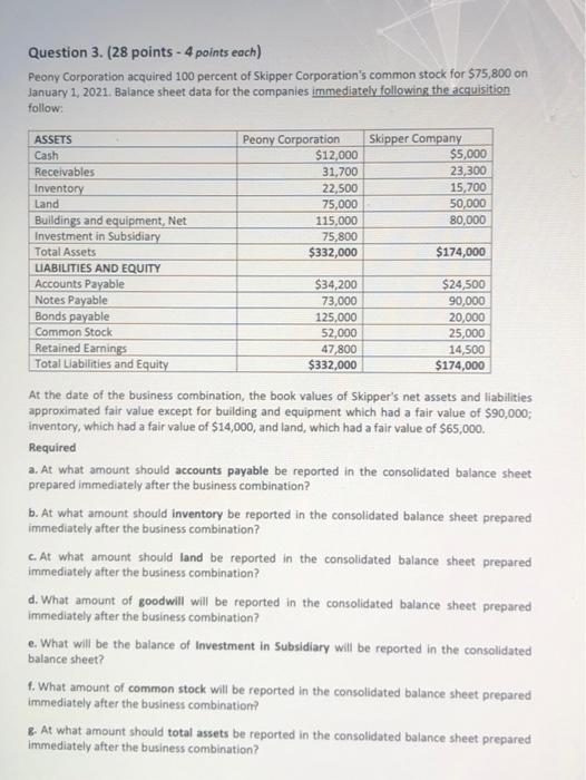  Question 3. (28 points - 4 points each) Peony Corporation acquired