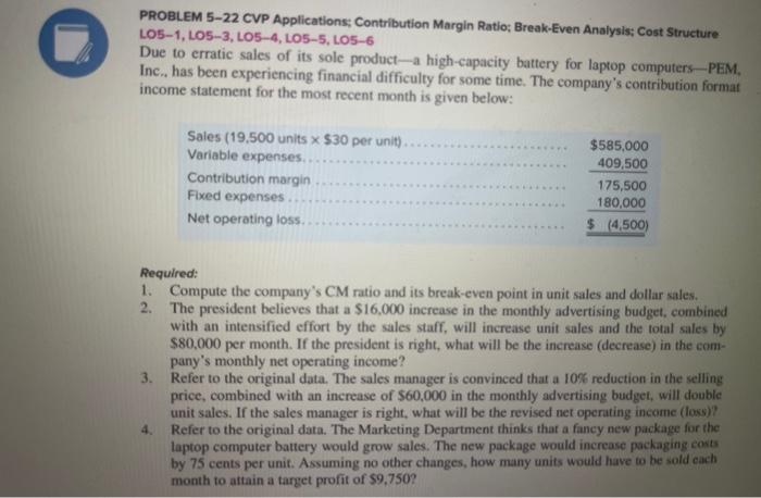  PROBLEM 5-22 CVP Applications; Contribution Margin Ratio; Break-Even Analysis; Cost Structure