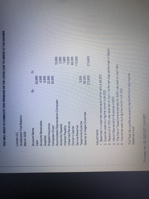  YOU WILL NEED TO COMPLETE THIS PROBLEM ON THE LOOSE-LEAF TO