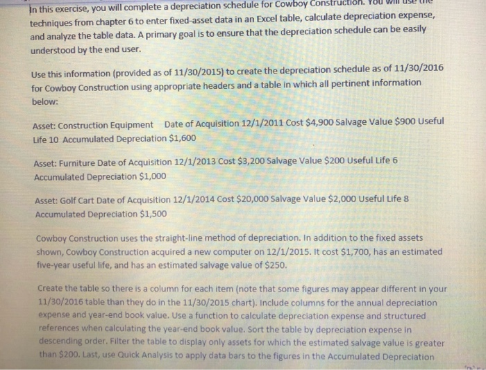  In this exercise, you will complete a depreciation schedule for Cowboy