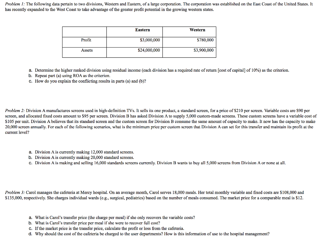Problem 1: The following data pertain to two divisions, Western and