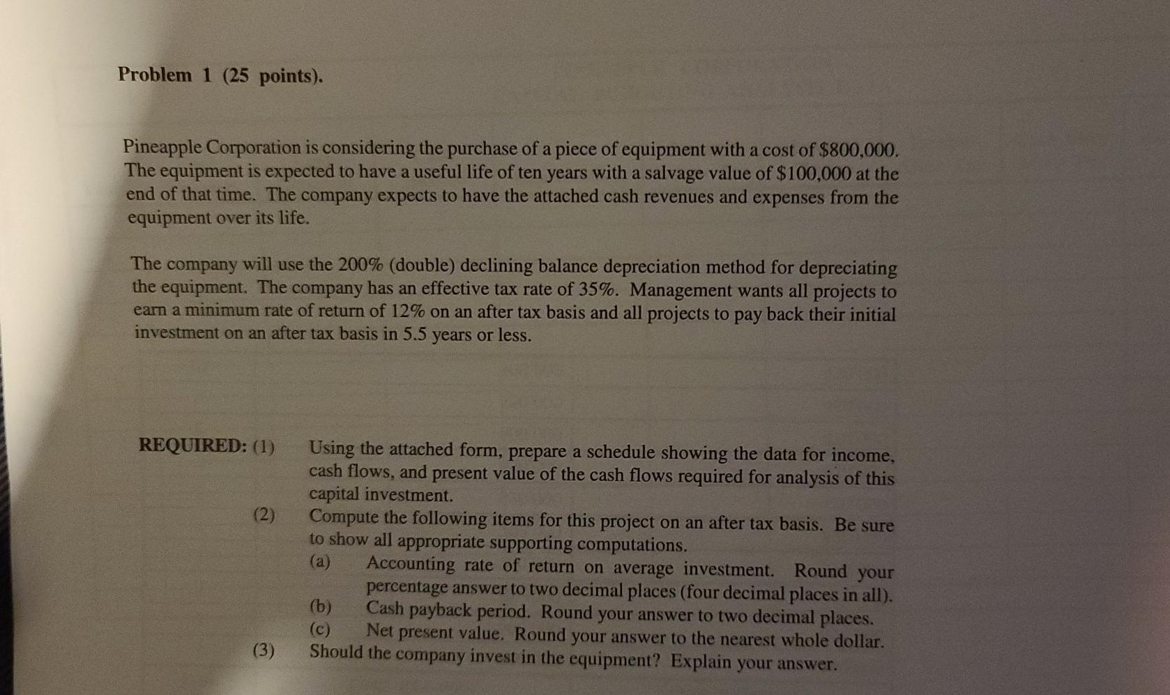 Problem 1 (25 points). Pineapple Corporation is considering the purchase of