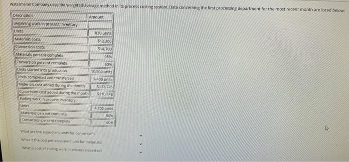 system. Data concerning the first process department for the most recent month