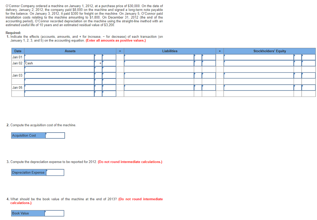 please answer correctly O'Connor Company ordered a machine on January 1, 2012,