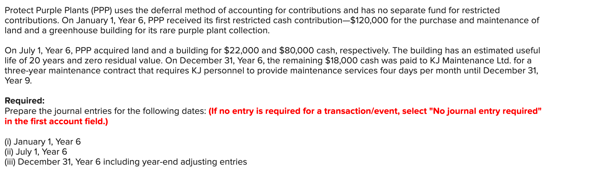  Journal entry worksheet Note: Enter debits before credits. Protect Purple Plants
