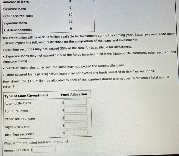 Return The employee credit union at State University is planning the allocation