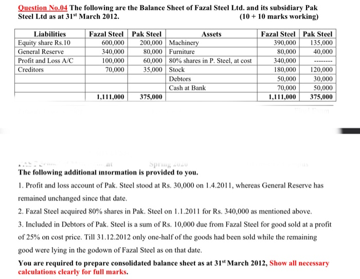 Please help its a really hard question!!!! ASAP!! Question No.04 The following