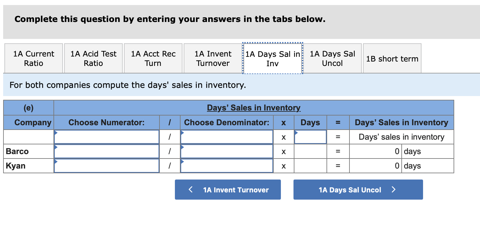 in inventory, and ( f days' sales uncollected. (Do not round intermediate