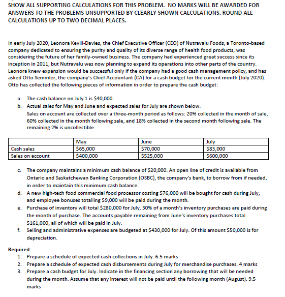 SHOW ALL SUPPORTING CALCULATIONS FOR THIS PROBLEM. NO MARKS WILL BE