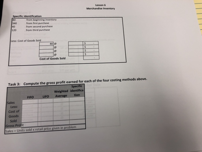 FIFO LIFO Weighted average Specific Identification Compute the gross profit earned for