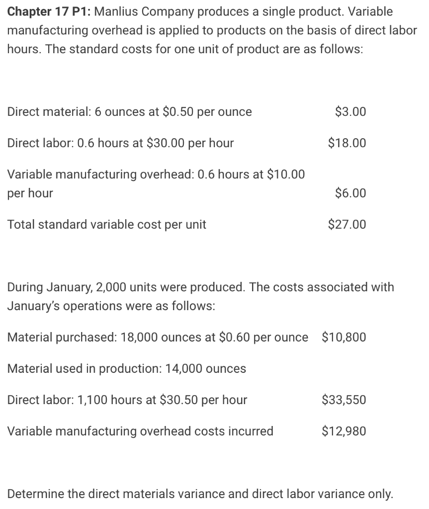  Please show work, preferably on excel Chapter 17 P1: Manlius Company
