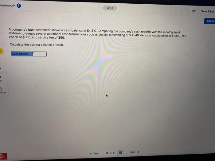  Homework Saved Help Save & Exit Check A company's bank statement