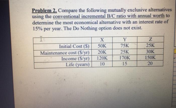  Problem 2. Compare the following mutually exclusive alternatives using the conventional