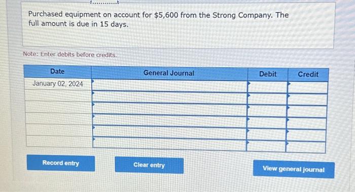 debits before credits. Paid the entire amount due to the Strong Company.