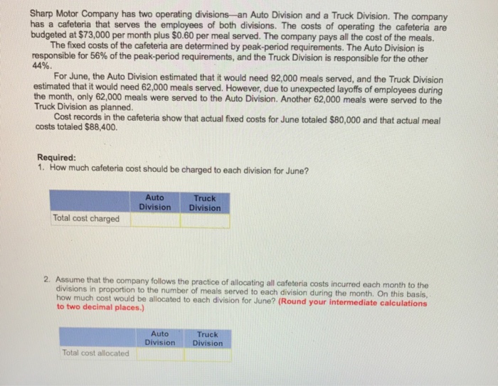  Managerial accounting Sharp Motor Company has two operating divisions-an Auto Division