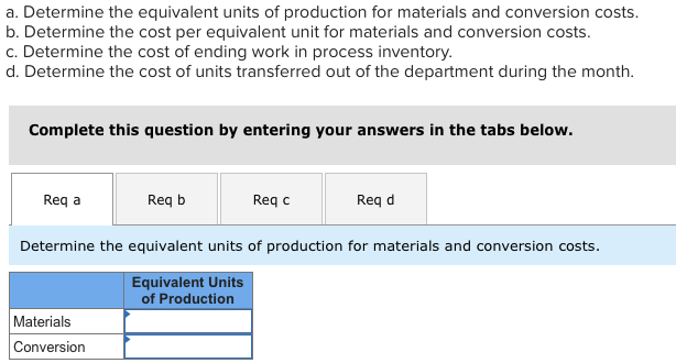The following data concern the operations of the company's first processing department