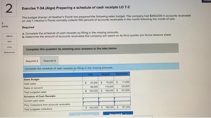  2 3 points Exercise 7-3A (Algo) Preparing a schedule of cash