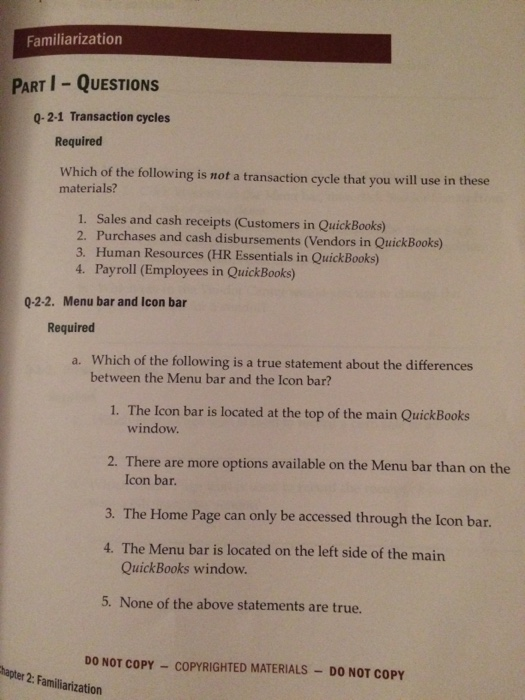 Computerized Accounting Using Quickbooks 2018 - Chapter 2 Familiarization Familiarization PART I-