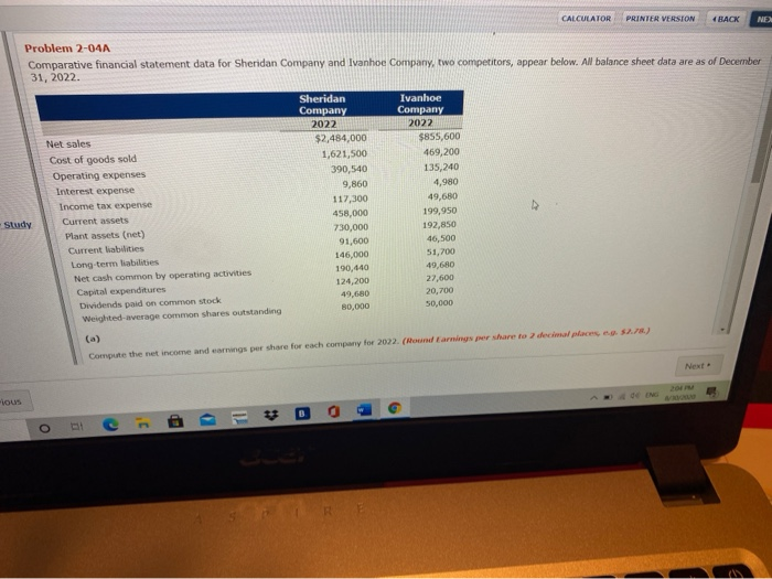  CALCULATOR PRINTER VERSION BACK NEX Problem 2-04A Comparative financial statement data