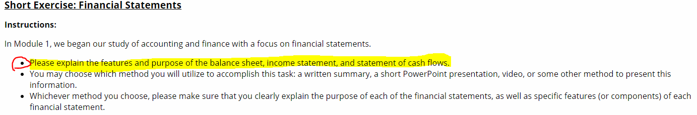  Short Exercise: Financial Statements Instructions: In Module 1, we began our