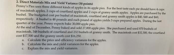  2. Direct Materials Mix and Yield Variance (30 points) Penny's Pies