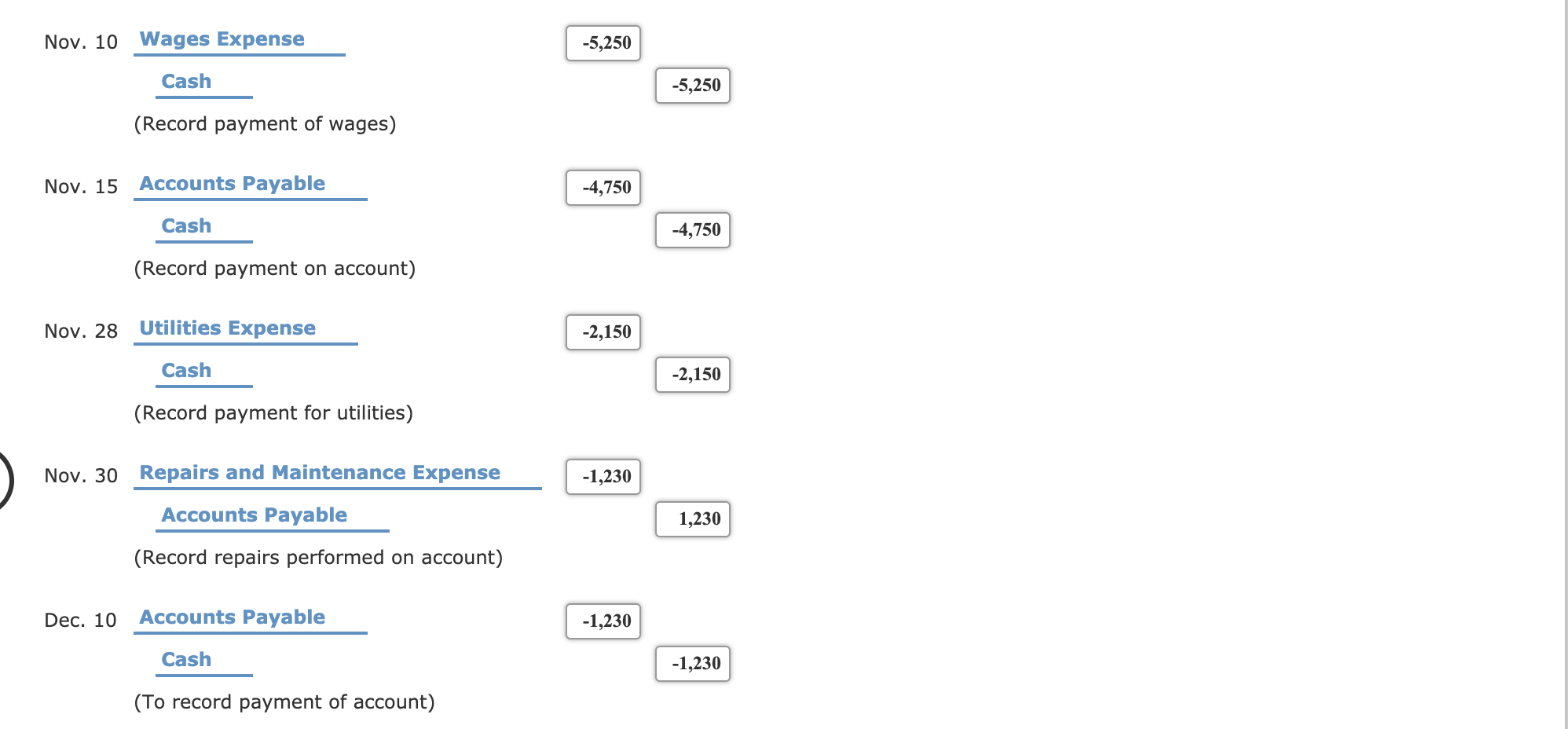 service for several years. During November and December 2022, the following transactions