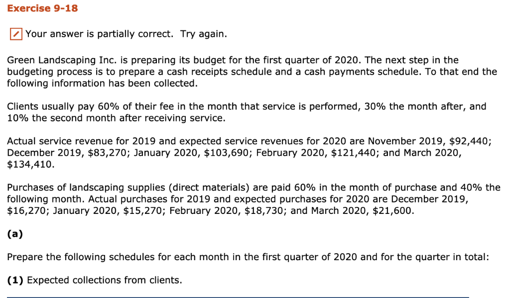  Exercise 9-18 Your answer is partially correct. Try again. Green Landscaping