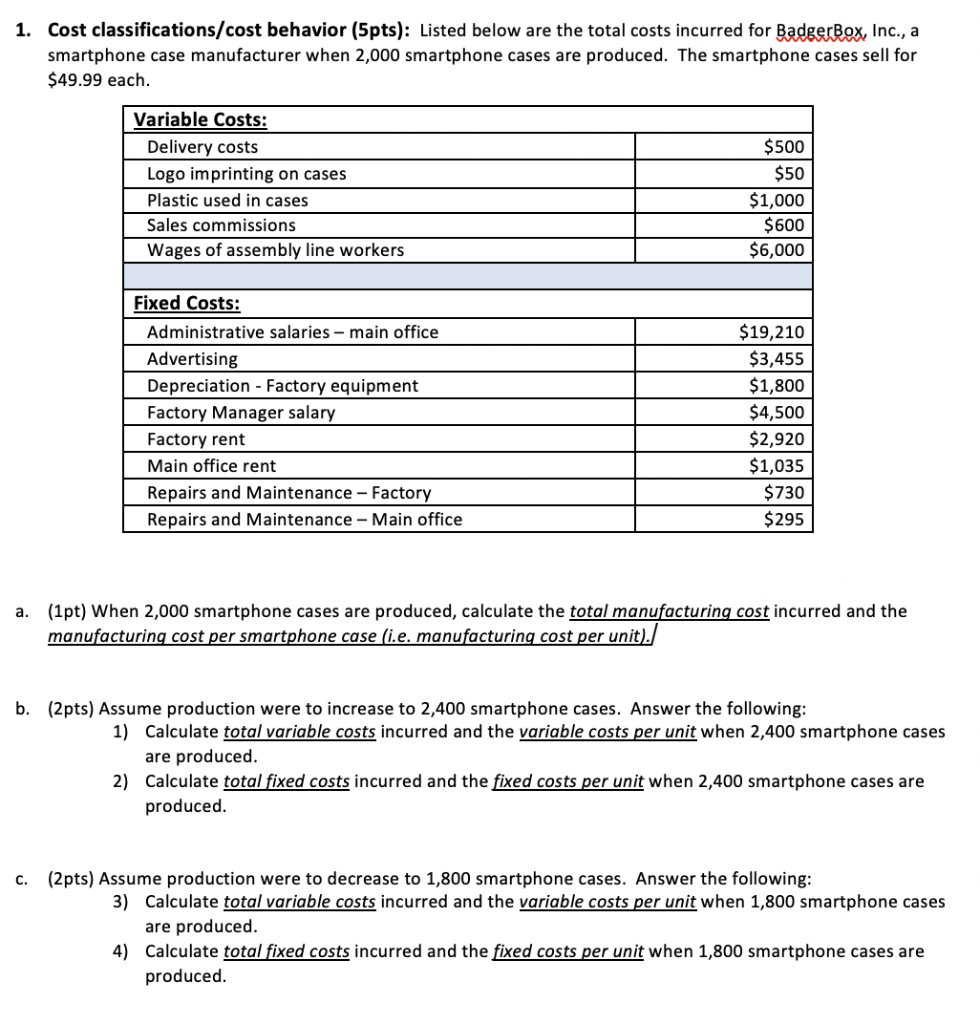1. Cost classifications/cost behavior (5pts): Listed below are the total costs