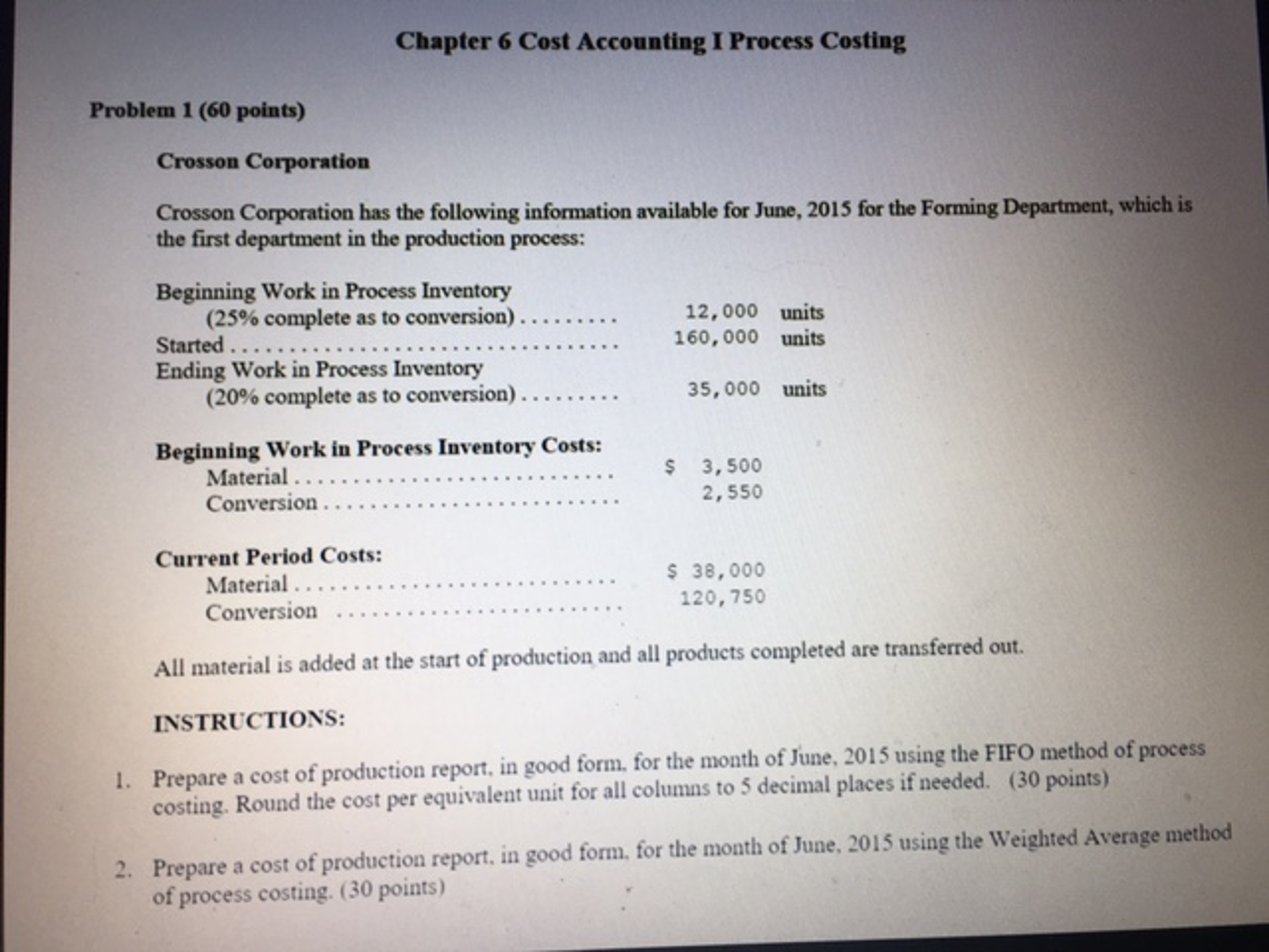 Do in excel! :) Chapter 6 Cost Accounting I Process Costing Problem