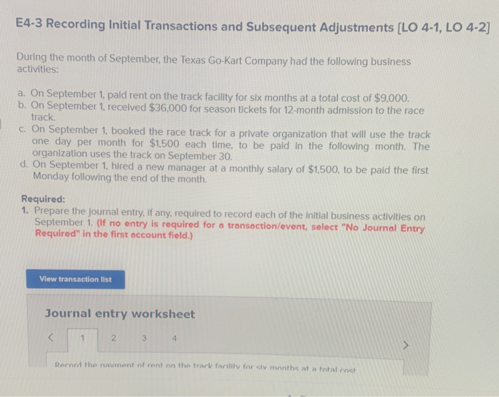  E4-3 Recording Initial Transactions and Subsequent Adjustments [LO 4-1, LO 4-2)