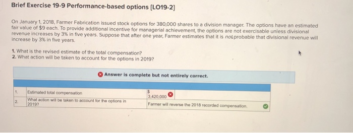  Brief Exercise 19-9 Performance-based options (LO19-2] On January 1, 2018, Farmer