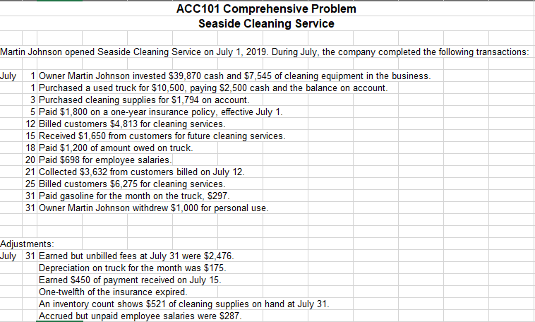  ACC101 Comprehensive Problem Seaside Cleaning Service Martin Johnson opened Seaside Cleaning
