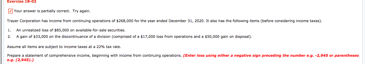  Exercise 18-02 Your answer is partially correct. Try again. Trayer Corporation