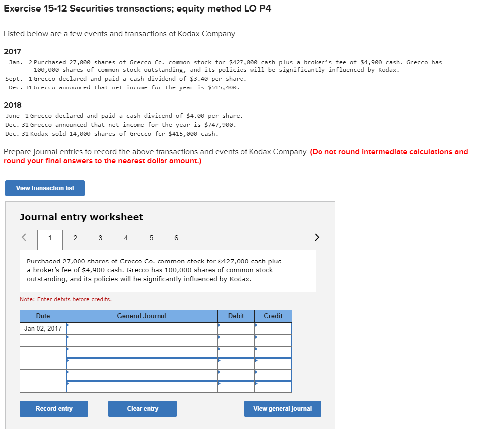 Exercise 15-12 Securities transactions; equity method LO P4 Listed below are
