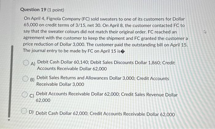 please answer this question as soon as possible On April 4, Fignola