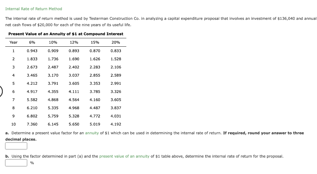 please answer the question. Internal Rate of Return Method The internal rate